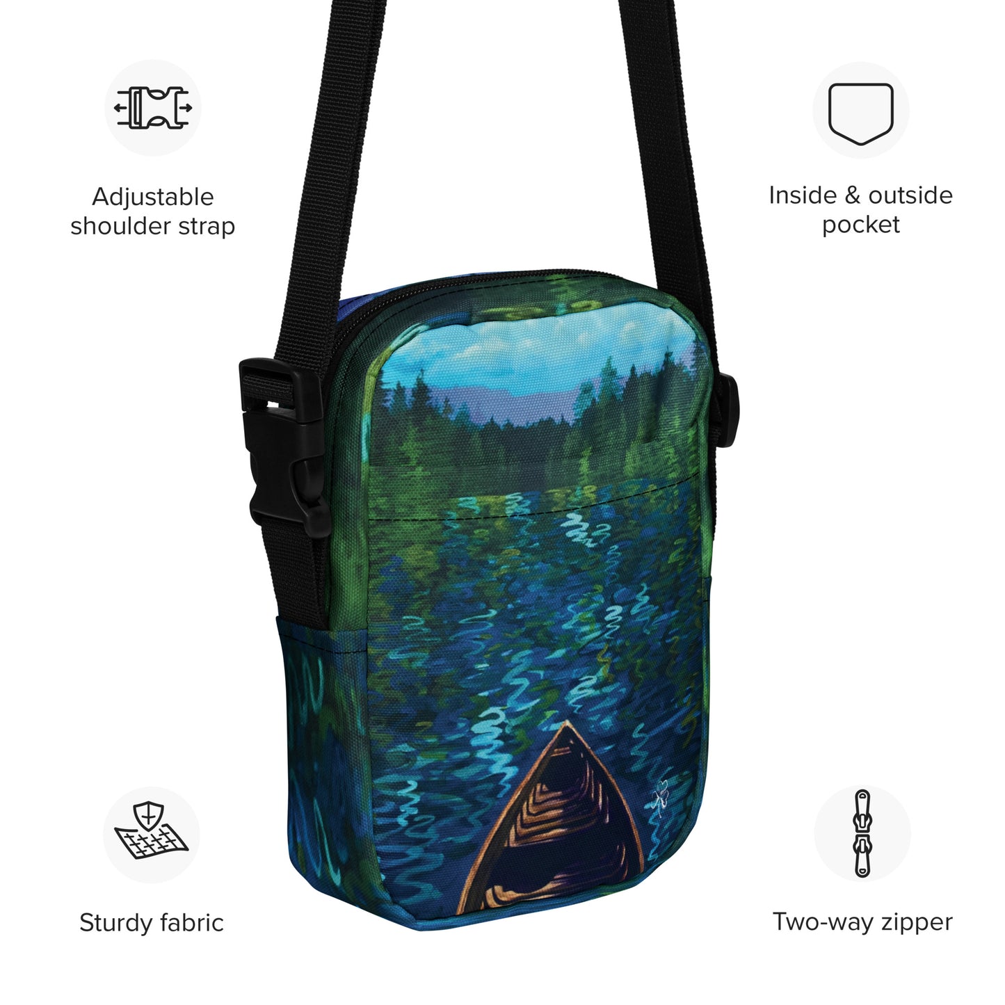 Utility Crossbody Bag - 5.7″ × 7.7″ × 2″ - rich colorful print from hand-painted "Boundary" original painting by Shannon Evans - with pockets & adjustable strap, water-resistant - BWCA wilderness lake river - canoe - boundless exploration adventure