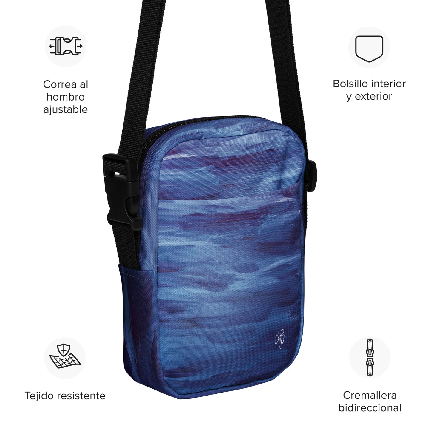 Utility Crossbody Bag - 5.7″ × 7.7″ × 2″ - rich colorful print from hand-painted "Lake Superior" original painting by Shannon Evans - with pockets & adjustable strap, water-resistant - Great Lakes Series - majestic deep blue water of Gichi-Gami