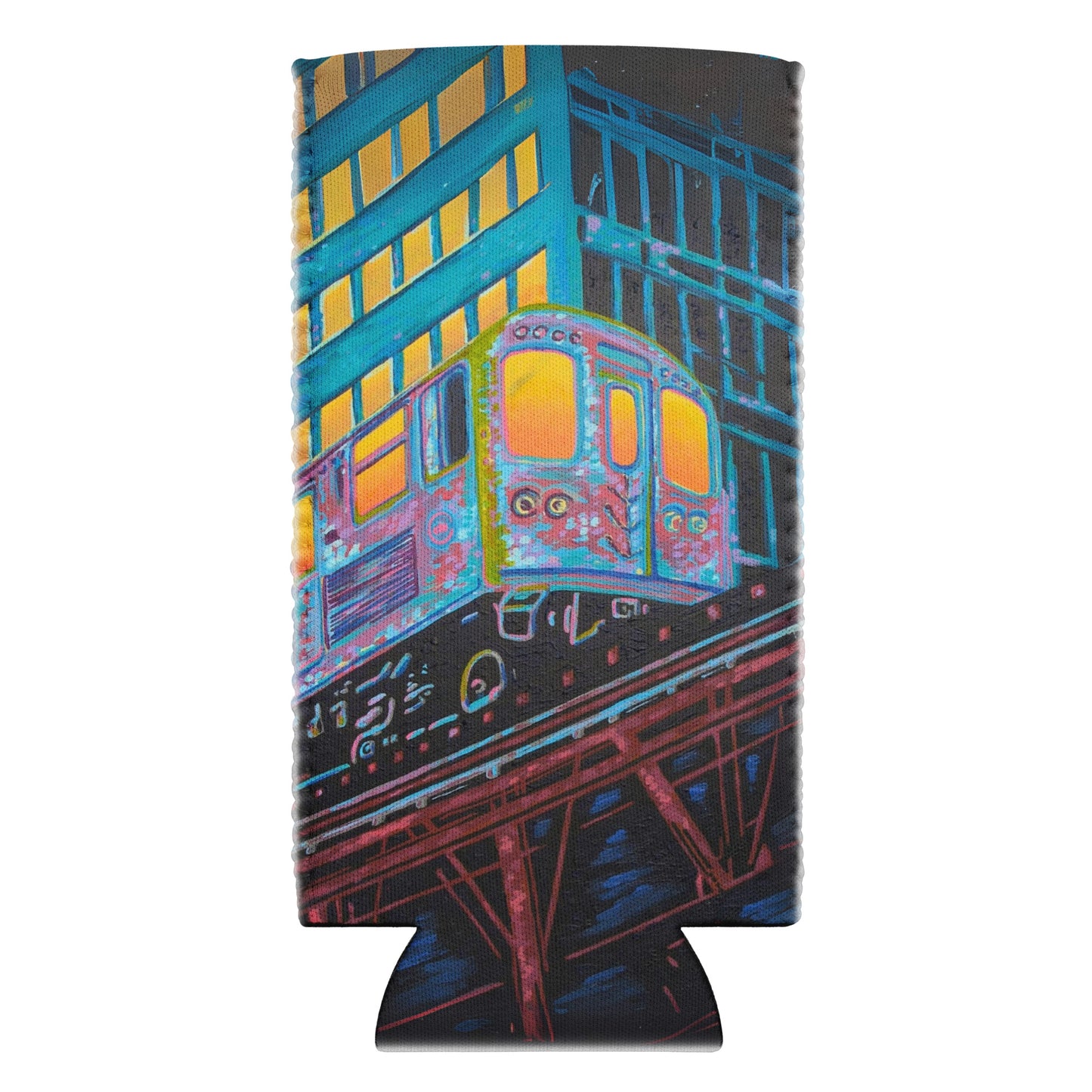 Waterproof Coozie Can Cooler - choice to fit regular (5" x 4") or slim cans (6.5" x 3.2") - premium synthetic rubber keeps drinks cool - rich print from hand-painted "Today Is The Day" original painting by Shannon Evans - downtown Chicago train sunrise