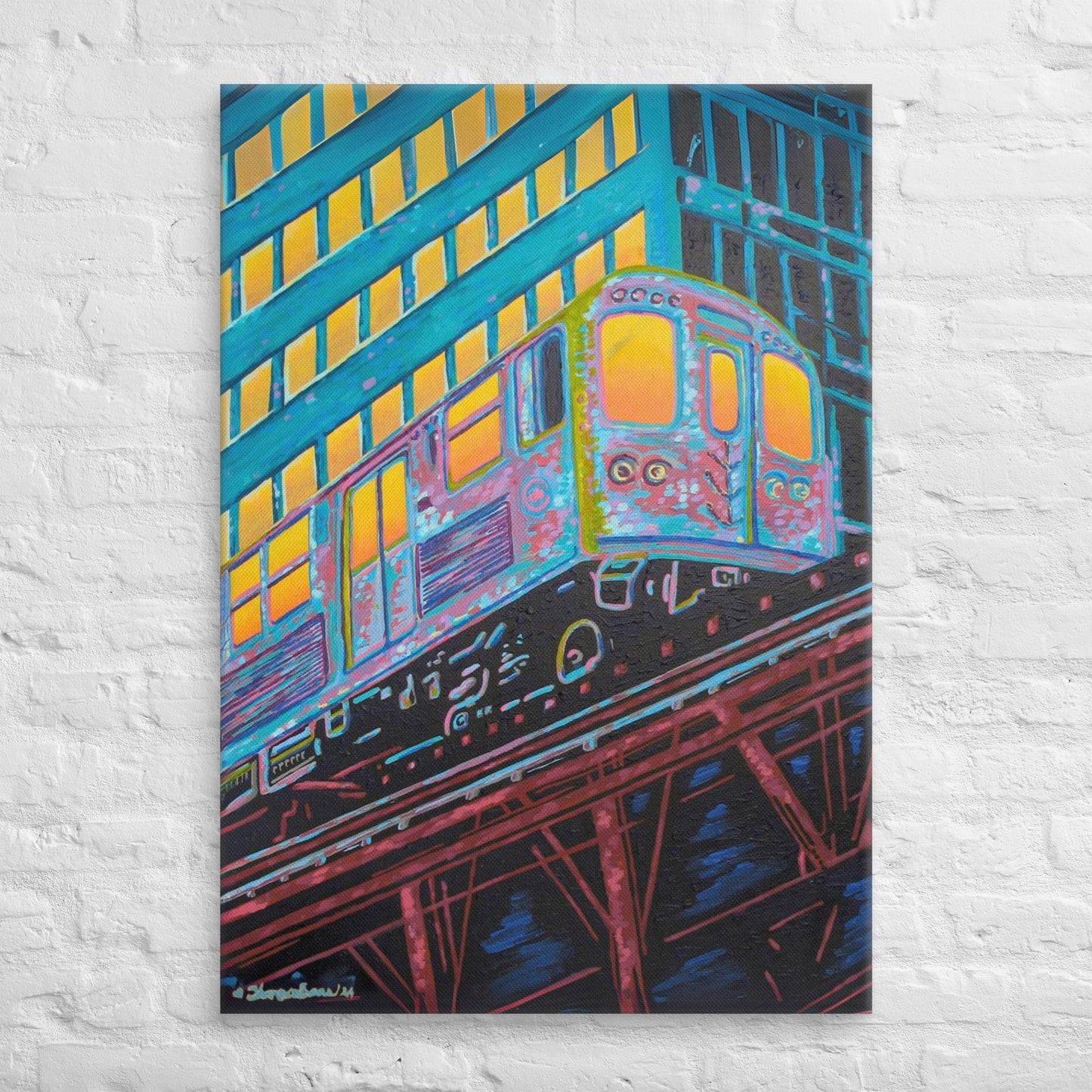 Premium Canvas Print - 1.25" depth - hand-stretched - museum-quality - brilliant color from hand-painted "Today Is The Day" original painting by Shannon Evans - downtown Chicago Loop el train track - sunrise sunset success optimism
