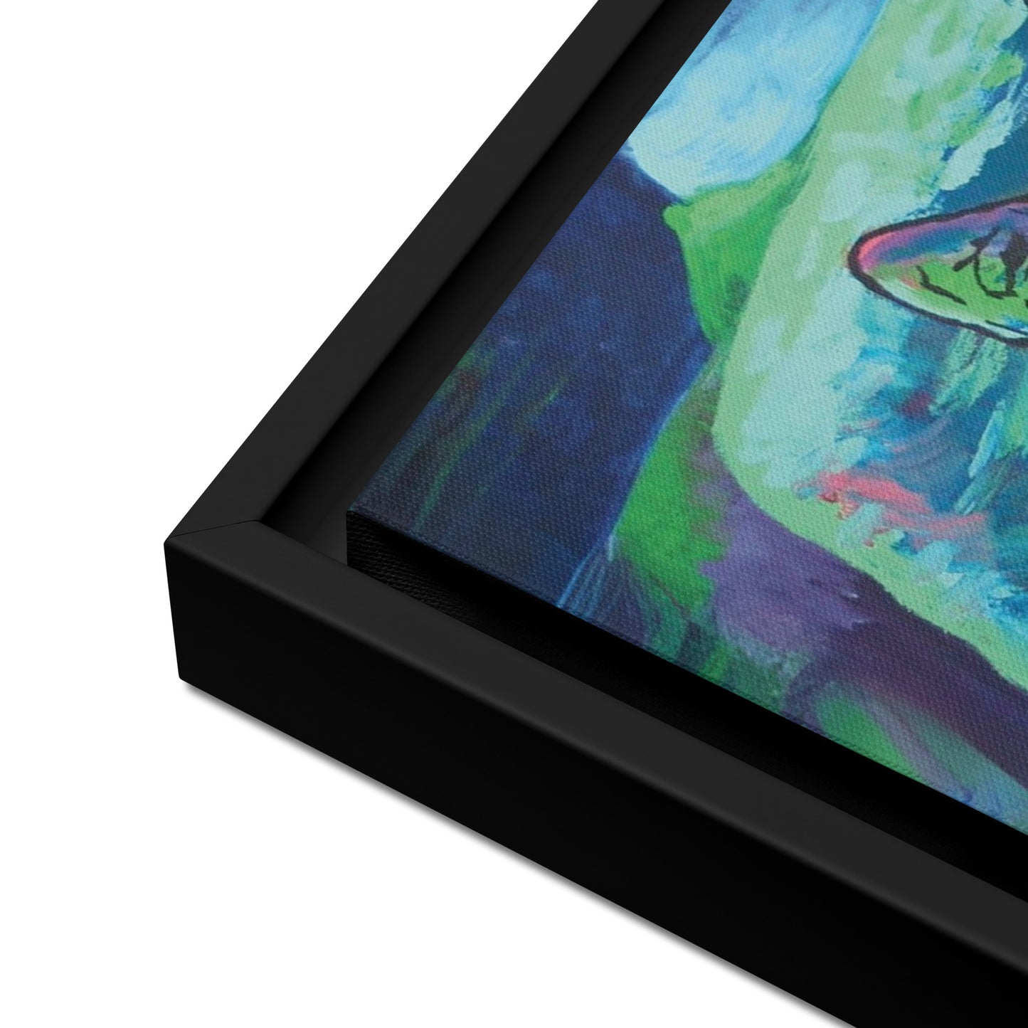 Framed Premium Canvas Print - 1.25" depth - hand-stretched - museum-quality - brilliant color from hand-painted "Blue Valentine" original painting by Shannon Evans - cat - color expressionism - animal art witch familiar kitten