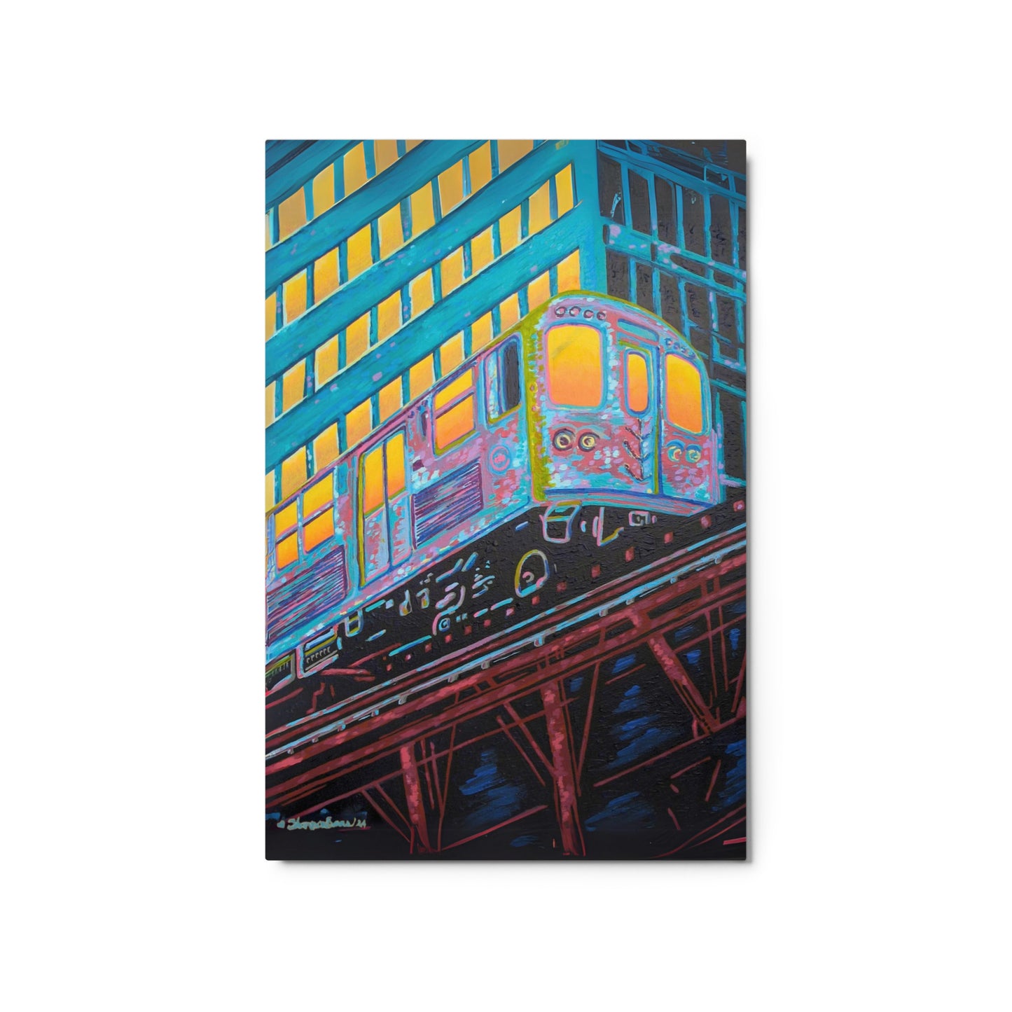 Glossy Premium Metal Print - brilliant color on high-quality polished aluminum - printed from hand-painted "Today Is The Day" original painting by Shannon Evans - downtown Chicago Loop el train track - sunrise sunset success optimism
