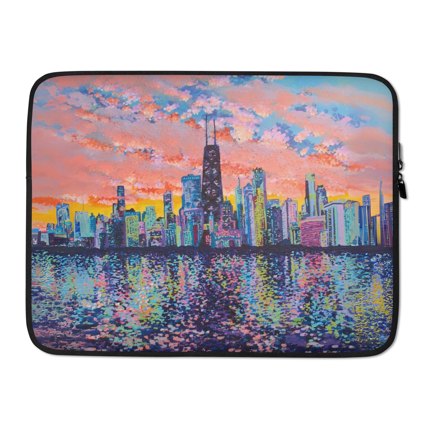 Premium Protective Laptop Sleeve with Faux-Fur Interior Lining - choice of 13″ or 15″ - lightweight - liquid- & heat-resistant - rich color print from hand-painted "Chicago Symphony" original painting by Shannon Evans - downtown Chicago skyline