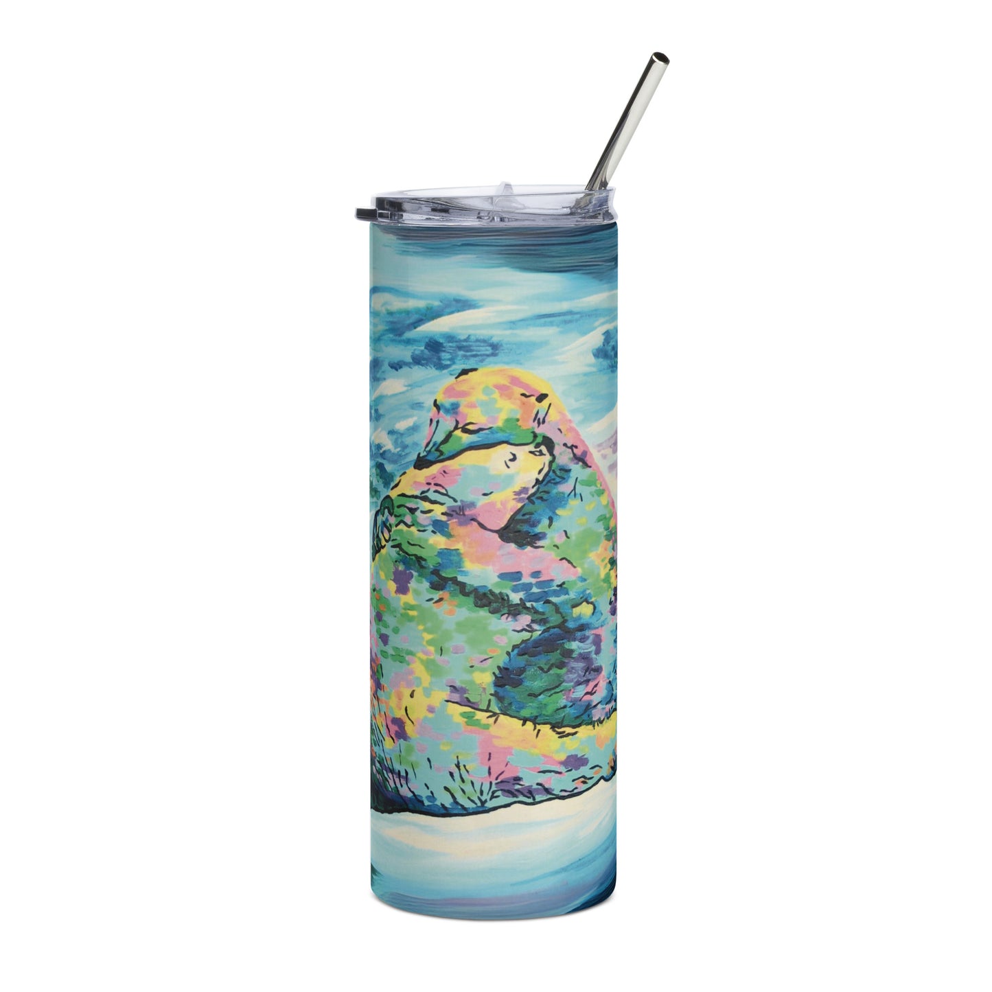 20oz High-Grade Stainless Steel Insulated Tumbler with Straw & Lid - 8.42" x 3.11" - drinkware - fits in cup holder - rich color print from hand-painted "Bear Hug" original painting by Shannon Evans - polar bear couple nature conservation snuggling