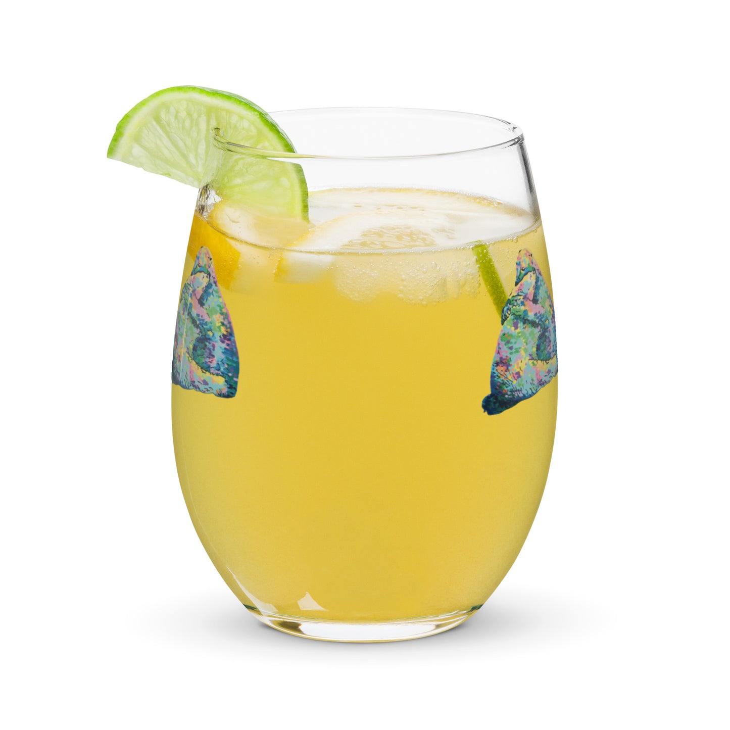 15oz Stemless Wine Glass - high-quality fine glassware - rich color uv light-cured ink print from hand-painted "Bear Hug" original painting by Shannon Evans - polar bears nature conservation snuggling loving