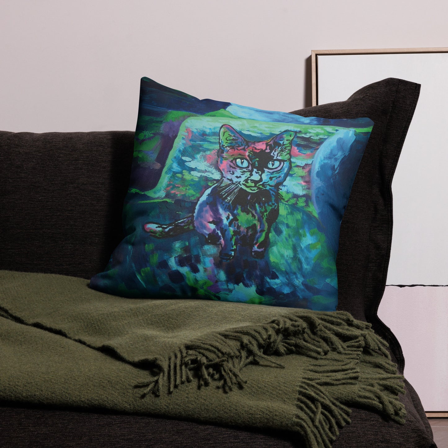 Premium Pillow Case - choice of 18" x 18" or 22" x 22" - square - soft high-quality texture - cozy home décor - rich color print from hand-painted "Blue Valentine" original painting by Shannon Evans - cat - animal art witch kitten companion