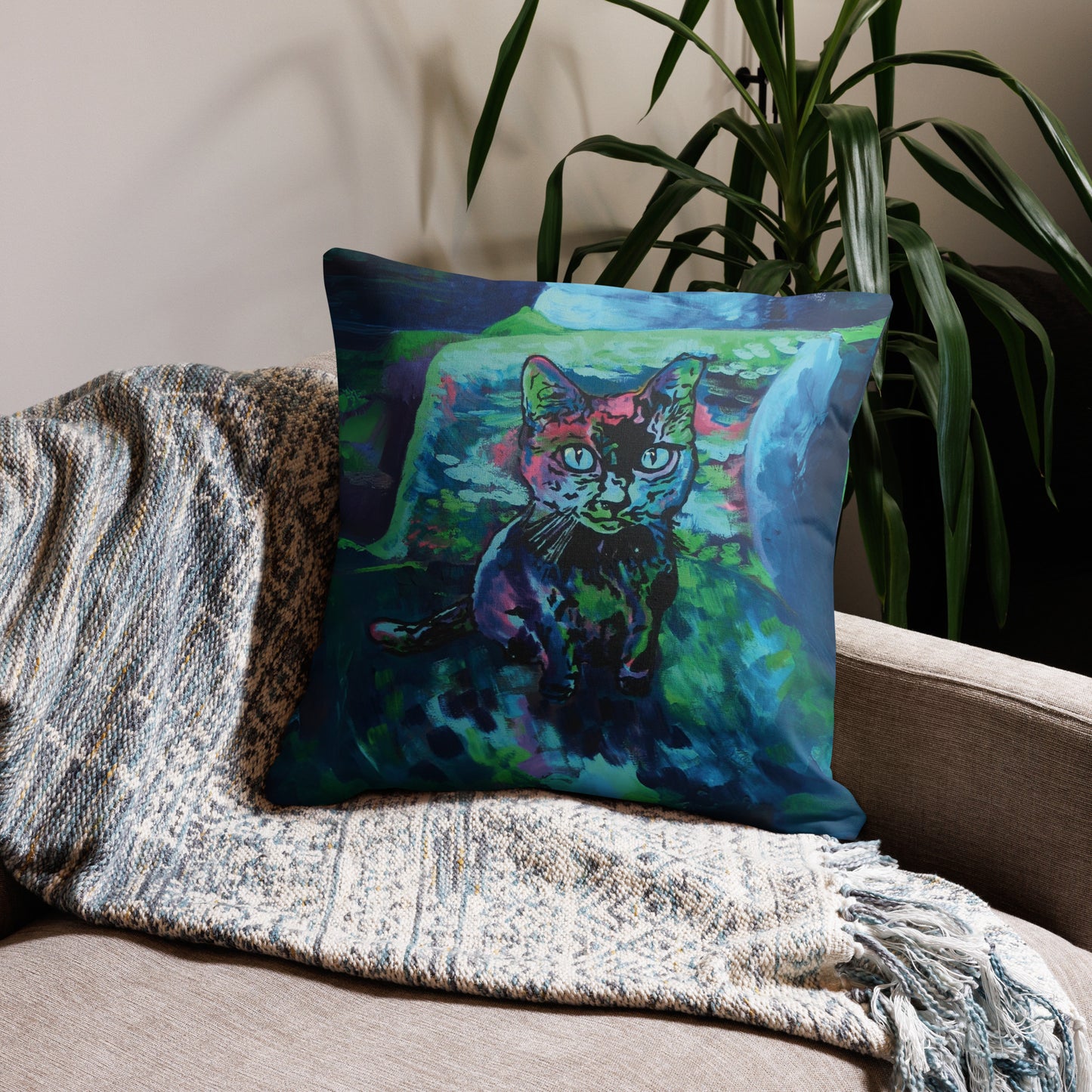Premium Pillow Case - choice of 18" x 18" or 22" x 22" - square - soft high-quality texture - cozy home décor - rich color print from hand-painted "Blue Valentine" original painting by Shannon Evans - cat - animal art witch kitten companion