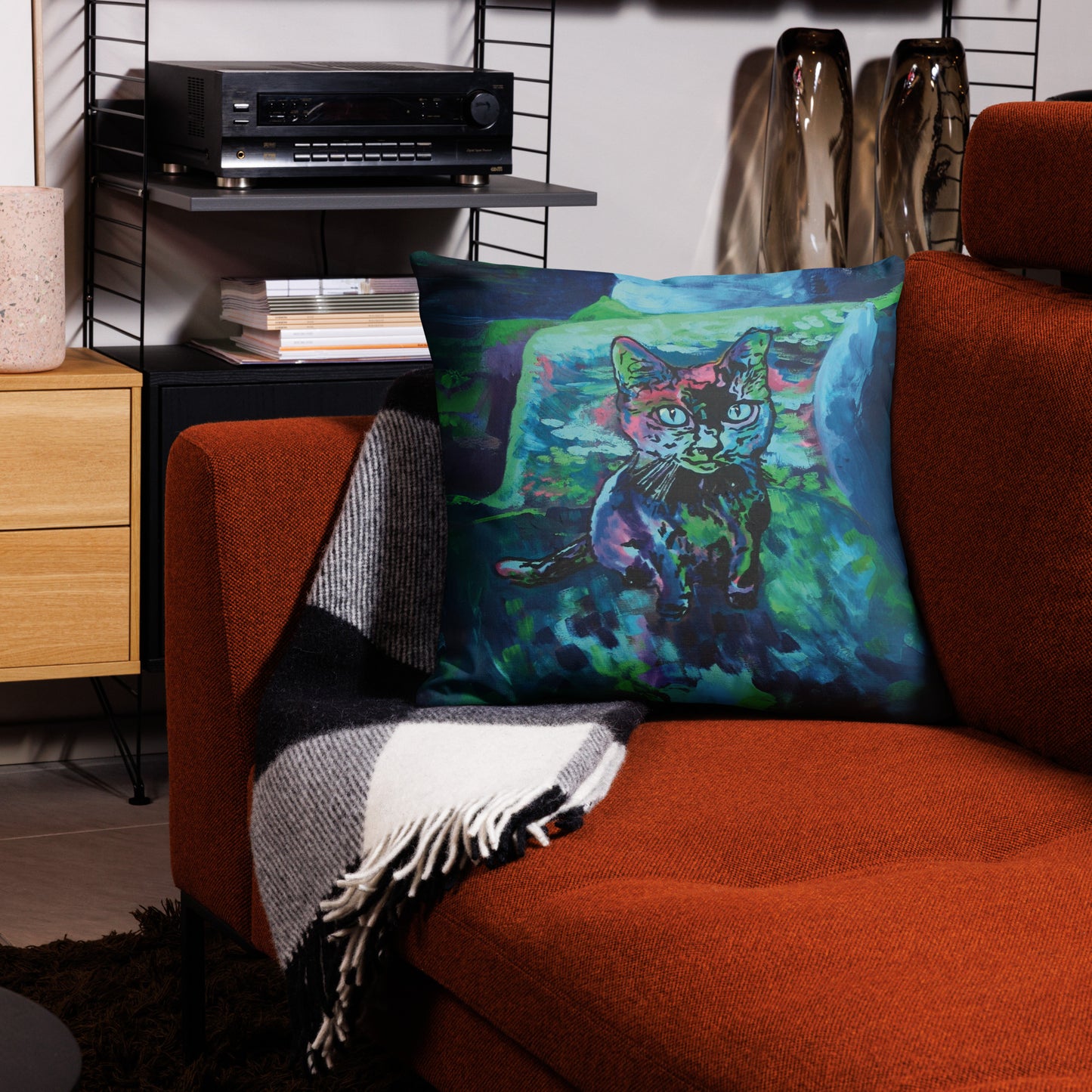 Premium Pillow Case - choice of 18" x 18" or 22" x 22" - square - soft high-quality texture - cozy home décor - rich color print from hand-painted "Blue Valentine" original painting by Shannon Evans - cat - animal art witch kitten companion