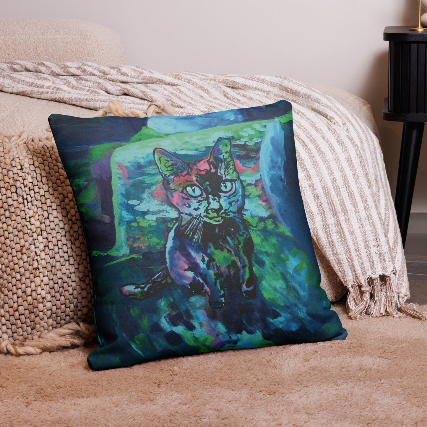 Premium Pillow Case - choice of 18" x 18" or 22" x 22" - square - soft high-quality texture - cozy home décor - rich color print from hand-painted "Blue Valentine" original painting by Shannon Evans - cat - animal art witch kitten companion
